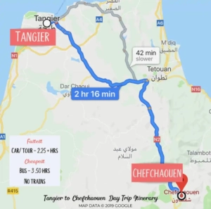 Map showing route for a day trip to Chefchaouen from Tangier or Fes